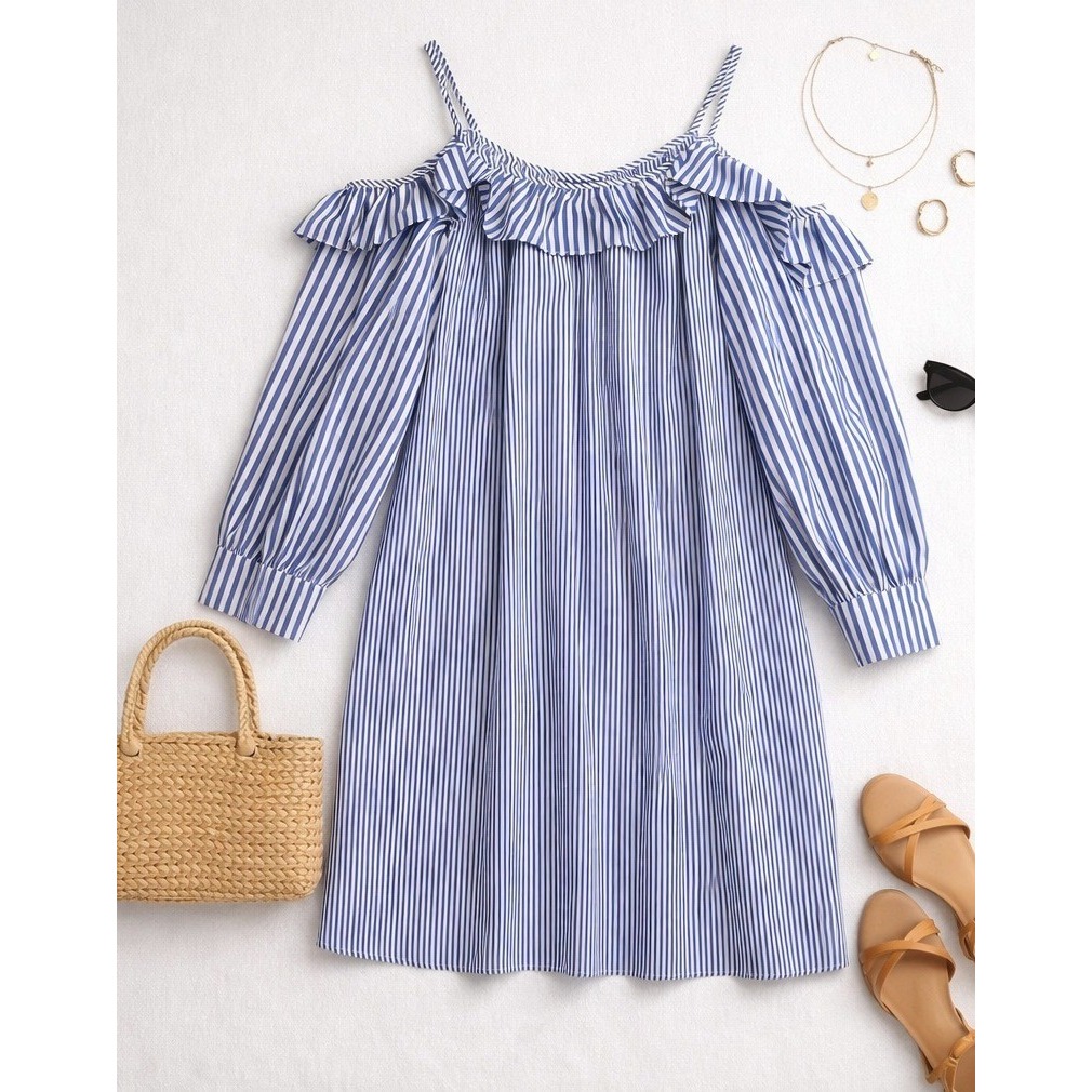 Maggy London Womens Blue White Striped Cold Shoulder Ruffle Shift Dress Size 10